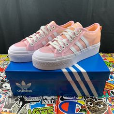 These Shoes Are Brand New With Box And Tags All Included. They Will Be Shipped Inside The Original Box Inside Of A Usps Post Box For Maximum Protection. The Platform Is Just Under 1 Inch Sizes: 8.5 Women's 7.5 Women's 12-23 Bp27 Pink Lace-up Sneakers For Summer, Adidas Pink Sneakers For Summer, Pink Adidas Sneakers For Summer, Trendy Pink Adidas Sneakers, Summer High-top Pink Sneakers, Pink High-top Sneakers For Summer, Adidas Summer Lace-up Sneakers, Adidas Lace-up Sneakers For Summer, Pink Sporty Sneakers For Summer