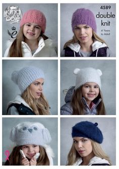 King Cole Embrace DK Pattern 4589 - Hats Double Knitting Patterns, Hats Knitted, Girls Winter Hats, Owl Hat, Crochet World, Ear Hats, Slouchy Hat