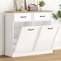 a white cabinet with three doors and two pictures on the top shelf, next to a potted plant