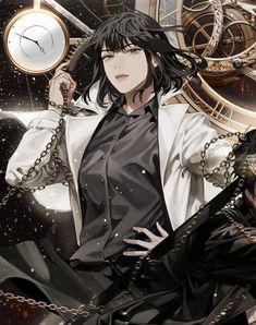 an anime character with black hair and white shirt holding two chains in front of him