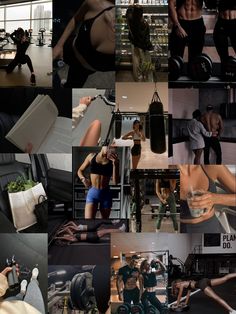 a collage of photos showing people doing different things in the same room, including books and exercise equipment