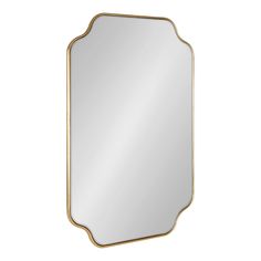 a gold framed mirror with an oval frame on the front and bottom, against a white background