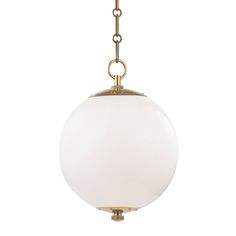 a light fixture with a white glass ball hanging from it's brass finish chain