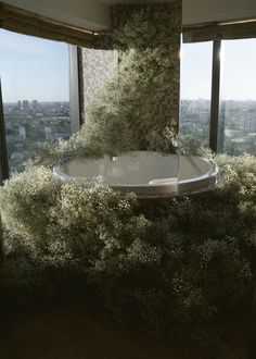 a bathtub surrounded by plants in front of large windows