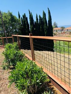 the fence is made of wood and wire with green plants growing on top of it