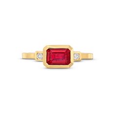 This Emerald Cut Ruby Ring is crafted in 14K yellow gold and showcases an emerald cut ruby of approximately 1.20 carats, flanked by 0.6 carats of brilliant cut diamonds on either side. Diamonds Direct, Ruby And Diamond Ring, Diamond Education, Fine Jewelry Designers, Mens Jewelry Bracelet, Diamond Pendant Necklace, Ruby Ring, Diamond Bracelets, High Jewelry