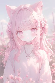 Adorable pink-haired anime girl in a cute aesthetic 4K resolution, surrounded by flowers, perfect for anime pp, discord pfp, and manga pfp. Kawaii Culture, Pfp Girl, Delicate Flowers, Cute Aesthetic