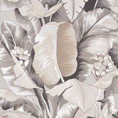 a wallpaper with flowers and leaves in grey, beige and white colors on a gray background