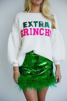 Extra Grinchy, Christmas Sweater Outfits, Quilted Pullover, Feather Skirt, Judith March, Ugly Sweater Party, Looks Black, Green Sequins, Ugly Sweater