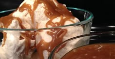 ice cream and caramel sauce in glass bowls