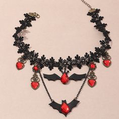 Metal Color: black red Hippie Goth, Red Heart Necklace, Lace Choker Necklace, Vintage Choker Necklace, Hip Hop Party, Bat Halloween, Bat Pattern, Anniversary Necklace, Halloween Necklace