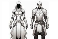 the armor design for an upcoming video game is shown in black and white, with two different