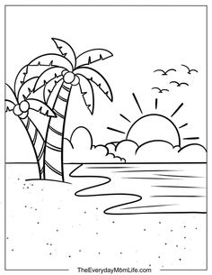 a beach scene with palm trees and the sun in the sky coloring page for kids