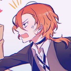 an anime character with long red hair wearing a suit and tie, holding a box