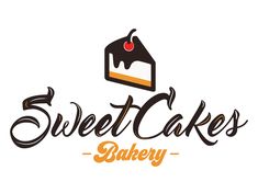 the logo for sweet cakes bakery, with a piece of cake on top of it