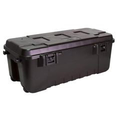 a large black plastic storage box with wheels