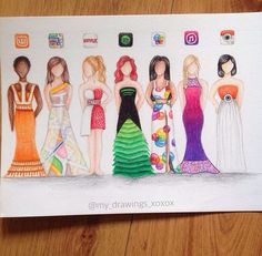 this is an image of a group of women in different dress styles and colors with social media icons behind them