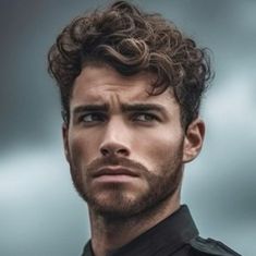 a man with curly hair wearing a black shirt and looking at the camera while standing in front of an overcast sky