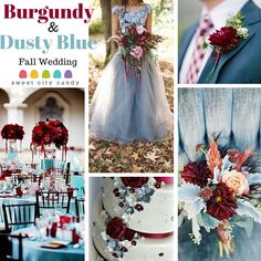 a collage of photos with red, white and blue wedding colors in the background