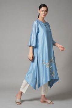 Sky blue chanderi asymmetric kurta with placement floral embroidery. Paired with a pant. - Aza Fashions Festive Kurta With Dupatta And Asymmetrical Hem, Traditional Asymmetrical Hem Kurta For Eid, Festive Anarkali Kurta With Asymmetrical Hem, Eid Embroidered Kurta With Asymmetrical Hem, Embroidered Asymmetrical Hem Kurta For Eid, Festive Embroidered Kurta With Asymmetrical Hem, Embroidered Asymmetrical Hem Kurta For Festive Season, Eid Festive Kurta With Asymmetrical Hem, Festive Asymmetrical Hem Kurta For Eid