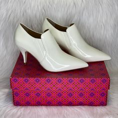 New In Box - Perfect Condition Tory Burch Georgina Patent Leather Bootie Georgous White Patent Leather Size: 7.5 Fast Shipping Chic Tan High Heels, Chic Tan Heels For Evening, Formal Tan High Heels, Elegant Tan Closed Toe Heels, Elegant Tan Round Toe Heels, Elegant Tan High Heel Heels, Elegant High Heel Tan Heels, Elegant Tan High Heels, High Heel Combat Boots