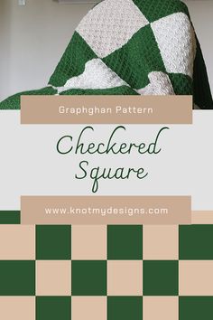 a green and white checkered blanket sitting on top of a bed