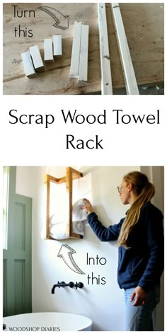 two pictures showing how to make a wood towel rack in the bathroom and on the wall