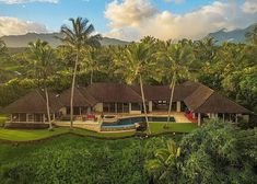 an aerial view of a tropical house surrounded by palm trees and lush green grass, with a pool in the foreground