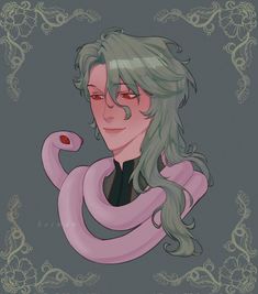 a drawing of a woman with long hair and a pink scarf around her neck, holding a snake