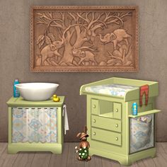 a baby's room with an animal themed crib, sink and changing table