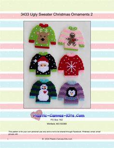 the christmas sweaters are made with different colors and designs, including snowman, santa claus