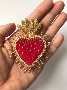 Sacred Heart Embroidered Brooch Handmade Brooch Red Heart - Etsy Embroidered Gold Brooches As Gifts, Gold Embroidered Brooches For Gifts, Gold Embroidered Brooch For Gift, Embroidery Brooch, Embroidered Brooch, Brooch Handmade, Heart Pin, Heart Brooch, Heart Ornament