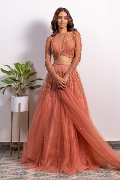 Silky Bindra-Dusty Pink Embroidered Lehenga Set-INDIASPOPUP.COM Pink Bridesmaids Lehenga, Indian Net Dresses, Net Lengha Blouse Designs, Net Lehenga Design, High Waist Lehenga, Netted Lehenga Blouse Designs, Long Sleeve Lengha Blouses, Modest Lehenga Blouse Designs, Sangeet Blouse Designs