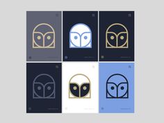 four square posters with different shapes and sizes, each featuring an owl's head