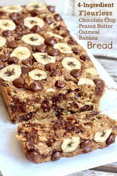 chocolate chip peanut butter oatmeal banana bread is cut in half and stacked on top of each other