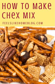 a plate full of crackers and nuts with the words how to make chex mix