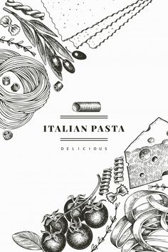 the italian food is drawn in black and white