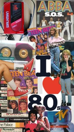 i love 80's collage with various magazines, cds and other things in the background