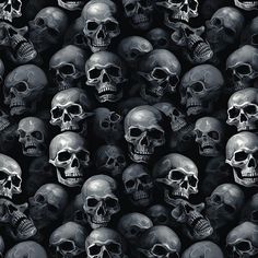 a bunch of skulls that are all in black and white colors with one skull facing the camera