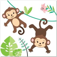 two monkeys hanging from a tree branch with leaves and flowers in the background, one monkey on