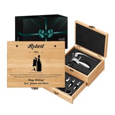 a wooden box with scissors and wine openers in it's presentation case that says robert