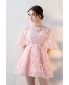 Buy cute pink flowers lace flare mini homecoming dress with sleeves at wholesale price online. Free shipping and pro custom service since 2009. Fairy Core Dresses Short Pink, Pink Mini Dress With Lace Trim And Short Sleeve, Pink Fantasy Dress Short, Elegant Pink Mini-length Floral Dress, Kawaii Short Sleeve Pink Dress, Pink Pleated Skirt, Pink Dress Short, Mini Homecoming Dresses, Lantern Sleeve Dress