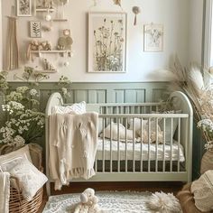 a baby crib in the corner of a room with pictures and flowers on the wall