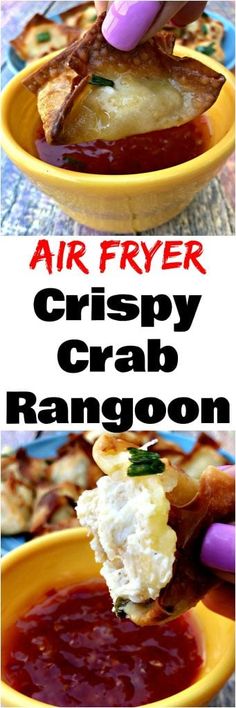 an air fryer crispy crab rangoon is being served in a yellow bowl