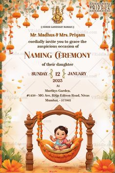 Celebrate the joyous occasion of the Namy Ceremony with this vibrant invitation card. The design features a delightful scene with a swing cradle adorned with marigold flowers, where a precious baby rests. The lively atmosphere is enhanced by the presence of hanging bells, creating a cheerful and festive ambiance for the upcoming celebration. #NamingCeremony #BabyNaming #NameReveal #BabyCelebration #BlessingsAndNames #NamingDay #BabyWelcoming #CherishedName #NameAnnouncement #LittleOne #NameCeremony #BabyBlessing #CeremonyInvitation #NameRevelation Naming Ceremony Invitation, Wedding Illustration Card, Naming Ceremony Decoration, Cradle Ceremony, Marigold Flowers, Indian Wedding Invitation Cards, Wedding Stage Design, Wedding Album Design