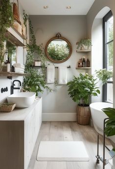 a bathroom with plants on the wall and a sink in the middle, along with a mirror