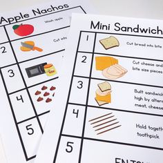 two printable worksheets for the apple nachos and mini sandwich game