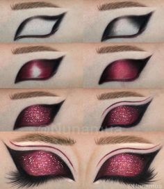 Vampire Make Up Ideas For Women, Red And Black Eye Makeup Hooded Eyes, Red Goth Eye Makeup, Deadpool Makeup Looks, Red Shadow Makeup, Deadpool Makeup Eye, Shadow The Hedgehog Makeup, Red Eyeshadow Looks Step By Step