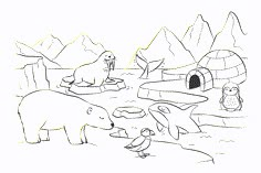 an animal coloring page with penguins and polar bears