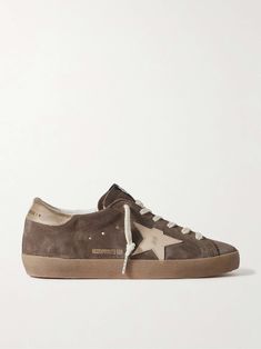 Shop GOLDEN GOOSE Super-Star distressed leather-trimmed suede sneakers, Explore the latest GOLDEN GOOSE women's collection today on NET A PORTER Suede Leather Shoes, Chill Fits, Skate Style, Golden Goose Sneakers, Gold Bag, Shoe Inspo, Golden Goose Deluxe Brand, Brown Sneakers, Swag Shoes